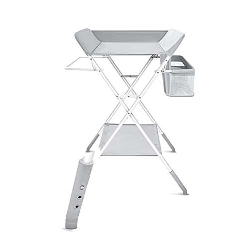 Verstellbare Wickelstation für Kleinkinder, tragbarer zusammenklappbarer Wickeltisch mit großen Stauräumen und Sicherheitsgurt, grau