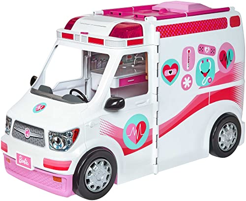 Barbie FRM19 - 2-in-1 Krankenwagen, aufklappbares Fahrzeug mit Licht und Geräuschen, Puppen Spielset mit Zubehör, Mädchen Spielzeug ab 3 Jahren, Mehrfarbig, Norme