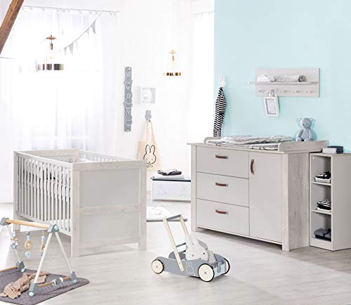  Komplett Kinderzimmer „Mila“, Baby /Kinderzimmerset inkl. Baby /Kinderbett einer Liegefläche von 70 x 140 cm und Wickelkommode Wickelansatz, grau/weiß